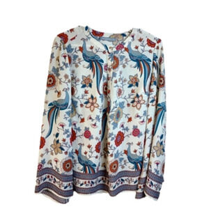 Octavia Peacock Print Peasant Blouse Pop Over Top Size M